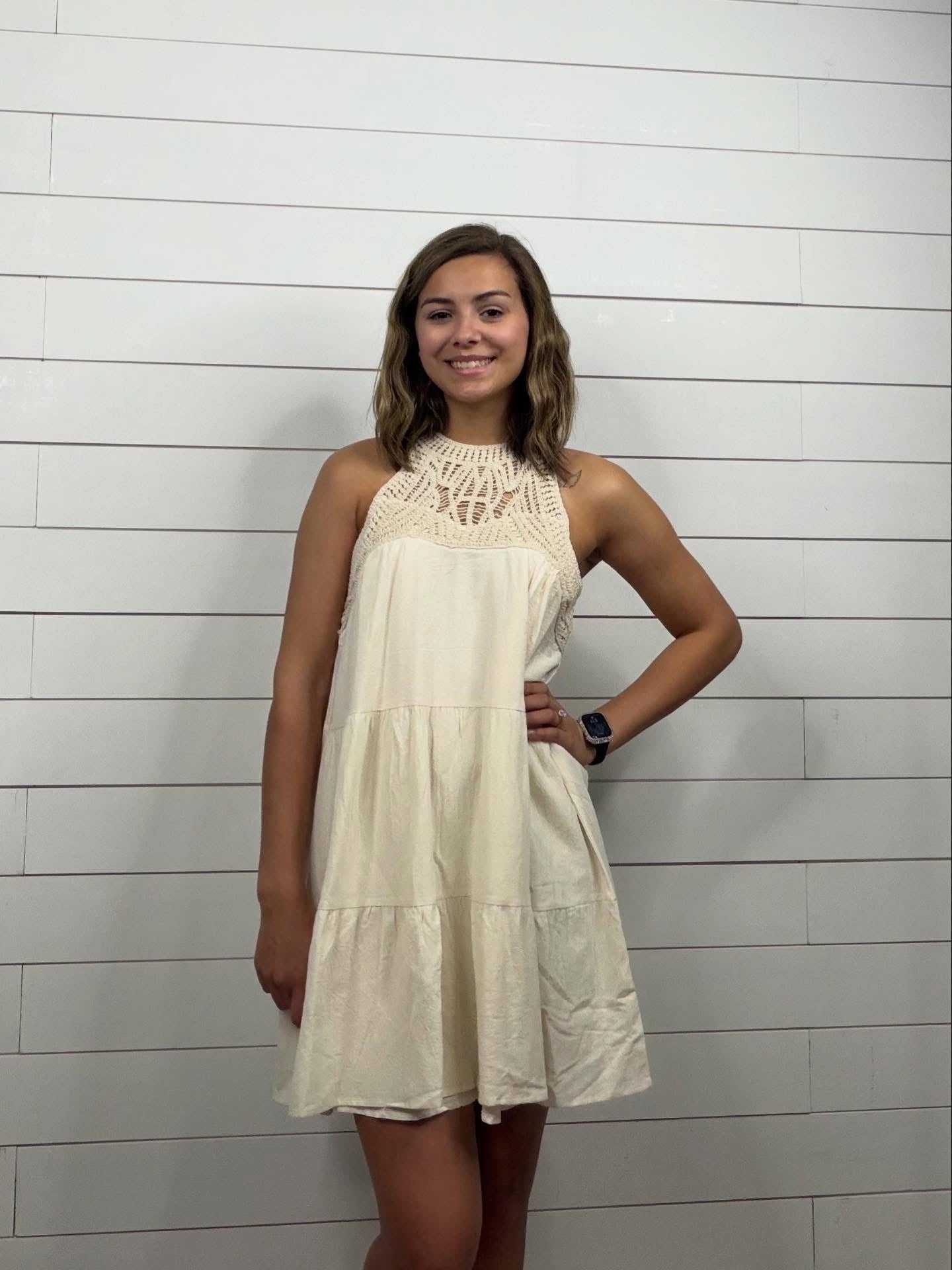 Beige Crochet Yoke Dress