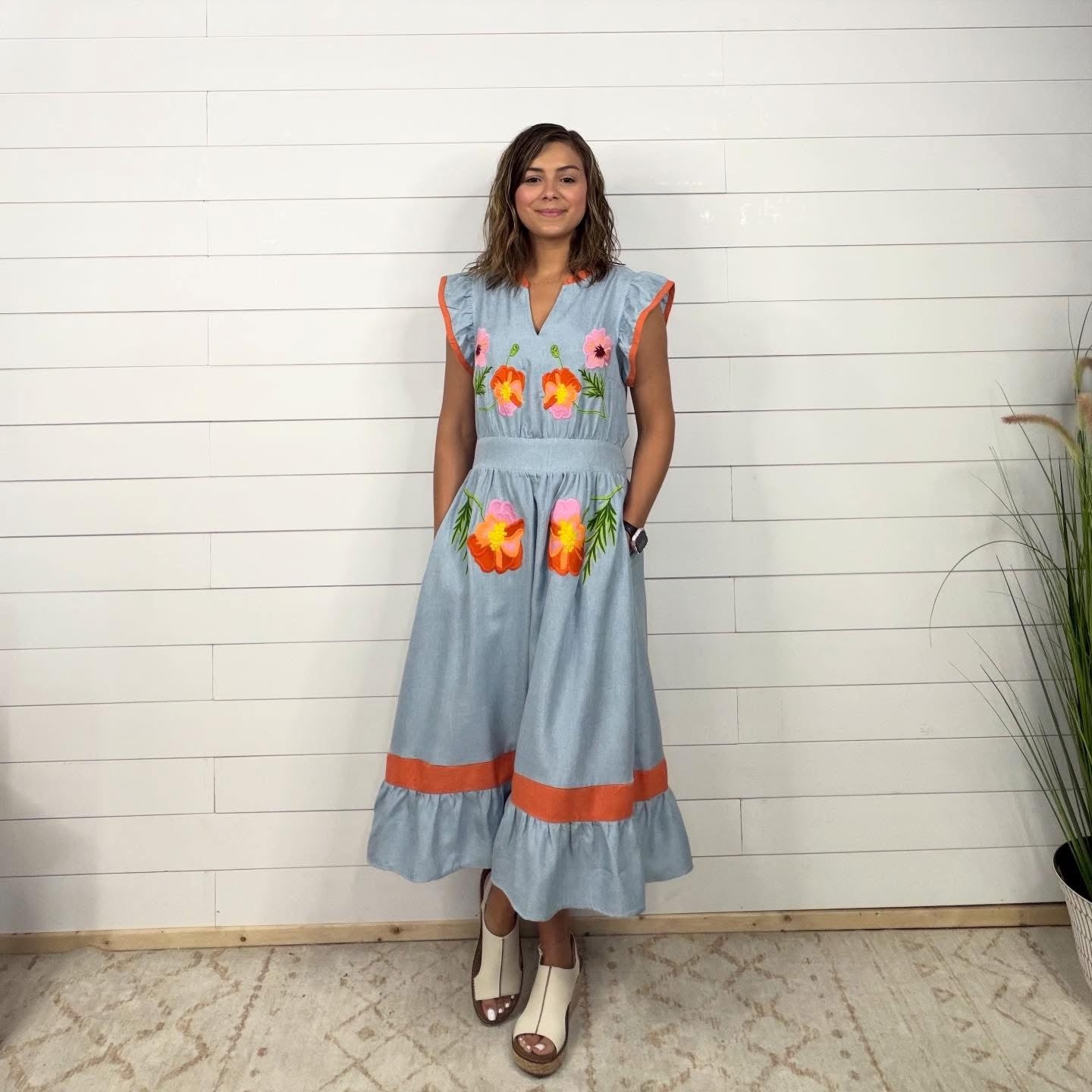 Denim Embroidered Midi