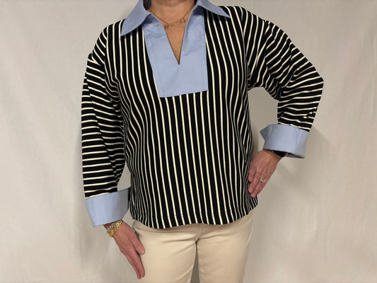 B/W Stripe Blue Collar Top