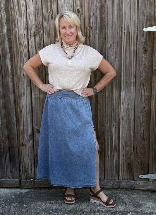 Midi Denim Split Skirt