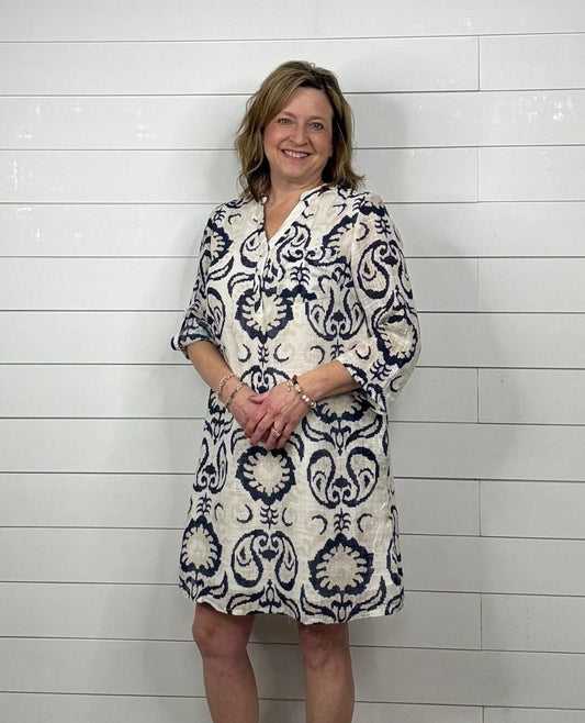 Blue/Cream Henley Dress