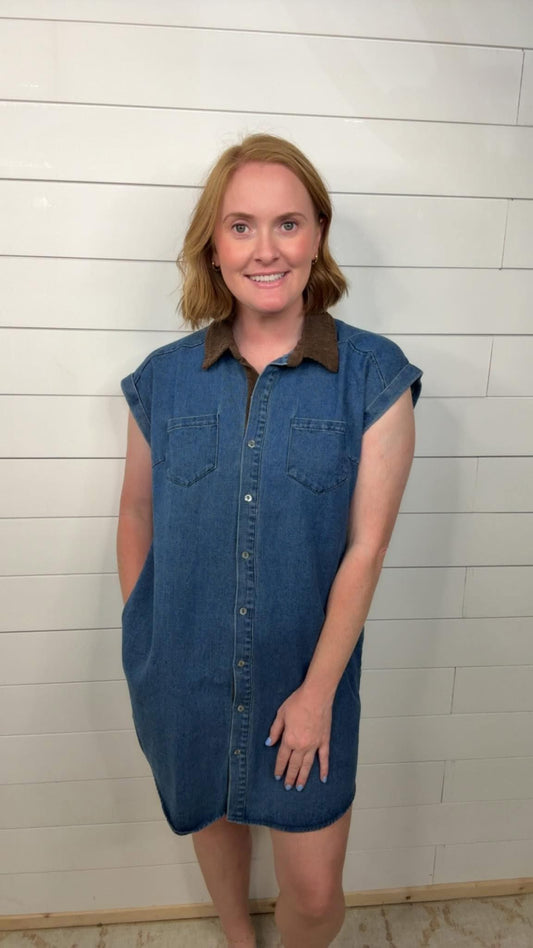 Corduroy Collar Denim Dress