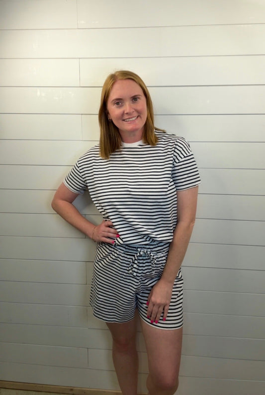White/Navy Striped Short Set